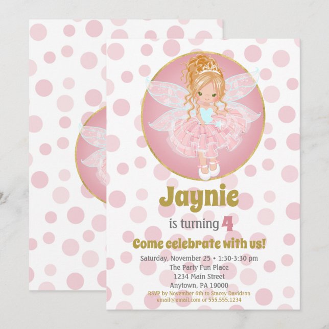 Blonde Rosa Fairy Girls Birthday-inbjudan Inbjudningar (Fram/baksida)