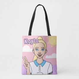 Blonde Rosa Tecknad Girl School Student Bibliotek Tygkasse