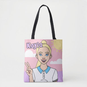 Blonde Rosa Tecknad Girl School Student Bibliotek Tygkasse