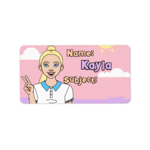 Blonde Rosa Tecknad Girl School Student Bok Adressetikett
