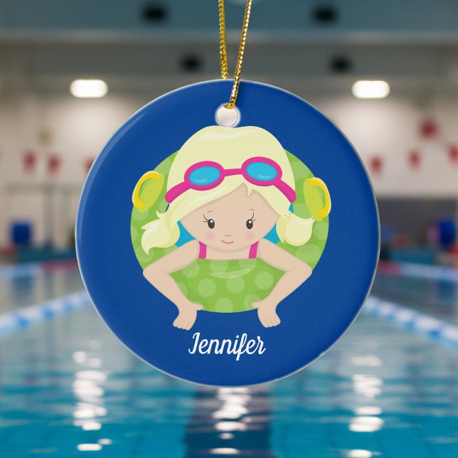 Blonde Simma Girl Cute Anpassningsbar Swimmer Kids Julgransprydnad Keramik (Skapare uppladdad)