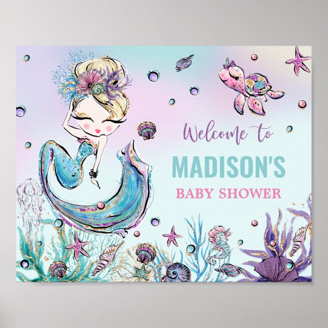 Blonde Sjöjungfru Baby Shower under Sea Welcome Poster (Framsidan)