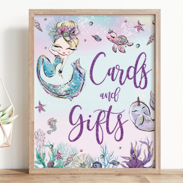 Blonde Sjöjungfru Babybojkottar och gåvor Poster (zazzle-mermaid-blonde-girl-under-the-sea-ocean-pool-1st-birthday-baby-shower-cards-and-gifts-sign)