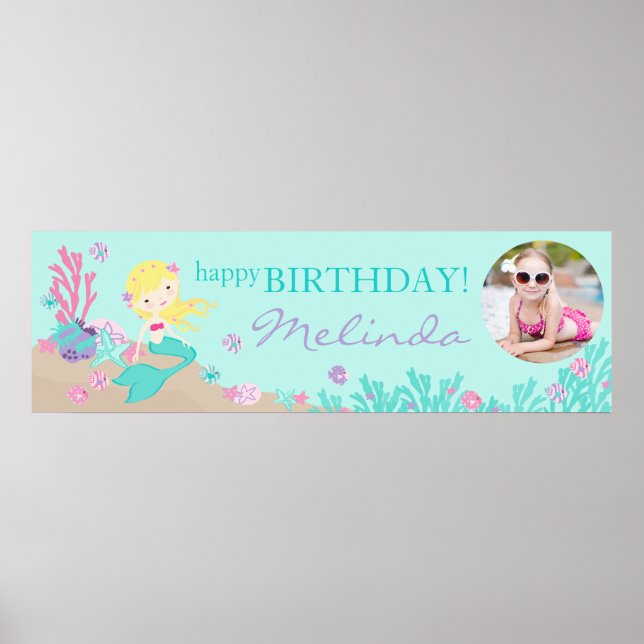 Blonde Sjöjungfru Birthday Banner Poster (Framsidan)