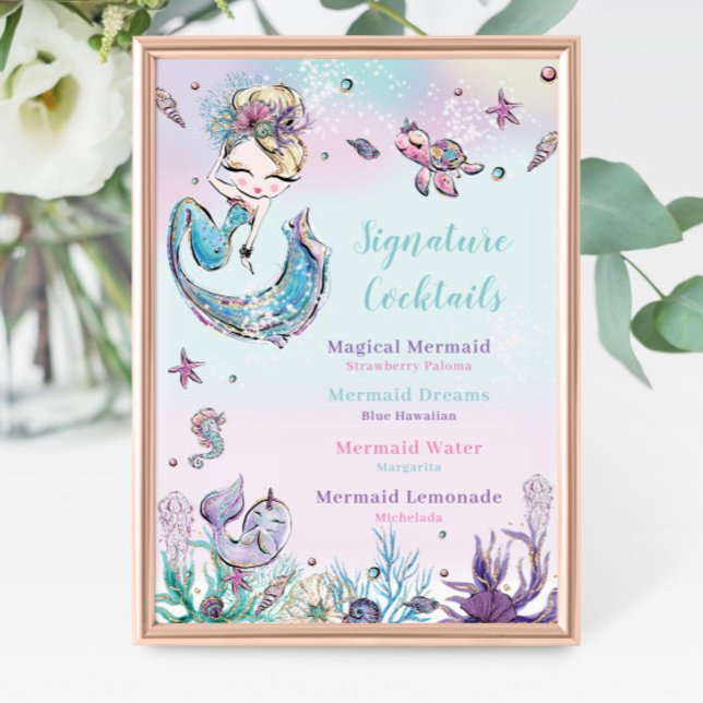 Blonde Sjöjungfru Birthday Namnteckning Cocktail M Fototryck (zazzle-mermaid-blonde-girl-under-the-sea-ocean-pool-birthday-baby-shower-signature-cocktails-sign)