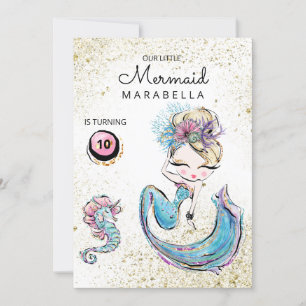 *~* Blonde Sjöjungfru Guld Glitter Hair Birthday Inbjudningar