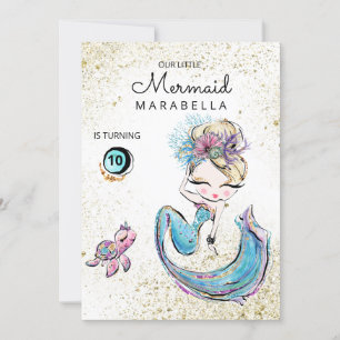*~* Blonde Sjöjungfru Sea Turtle Glitter Birthday Inbjudningar