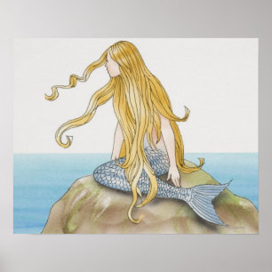 Blonde sjöjungfru sitta på sten, sidovy. poster