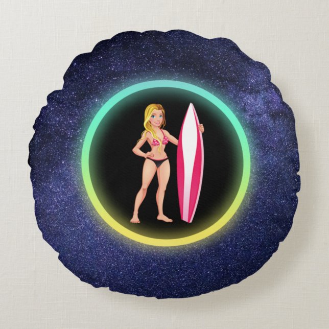 Blonde Surfer Teenage Girl Galaxy Rund Kudde (Framsidan)