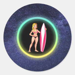Blonde Surfer Teenage Girl Galaxy Runt Klistermärke