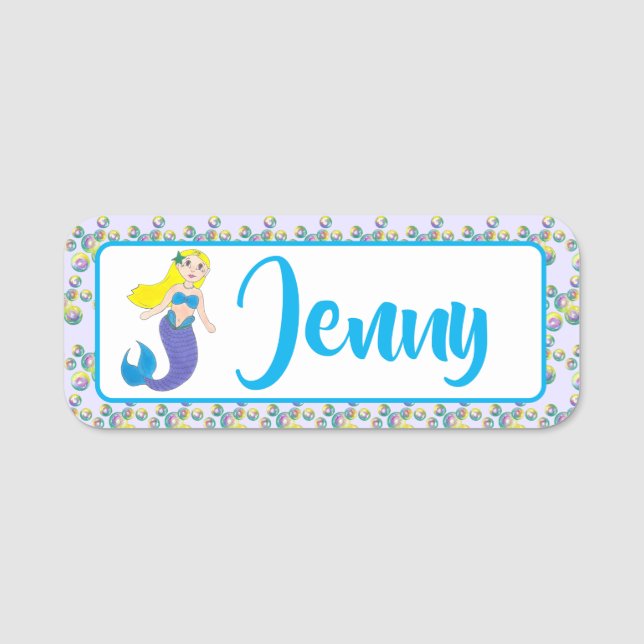 Blonde Swimming Magic Sjöjungfru Girl Lila Svan Namnbricka (Framsida)