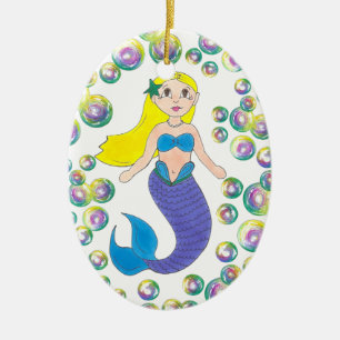 Blonde Swimming Sjöjungfru Girl Girl Bubbles Ocean Julgransprydnad Keramik