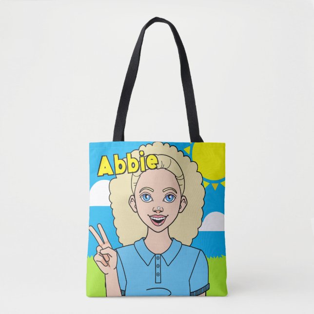 Blonde Tecknad Girl School Student Namn Bibliotek Tygkasse (Framsida)