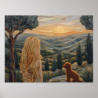 Blonde tjej,hund,promenad,solnedgång,berg poster