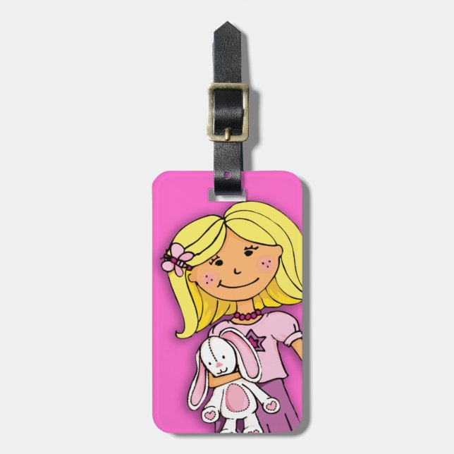 Blonde tjej med bunnybarn som heter bagagemärke bagagebricka (Vertikal Framsida)
