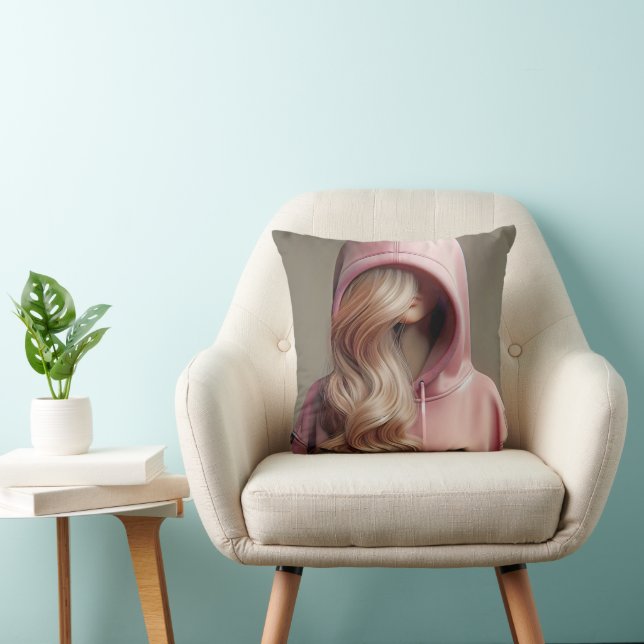 Blonde Tonåring flicka på en Rosa Hoodie Kudde (Stol)