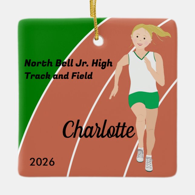 Blonde Track and Fält Girl in Grönt and White Julgransprydnad Keramik (Framsida)