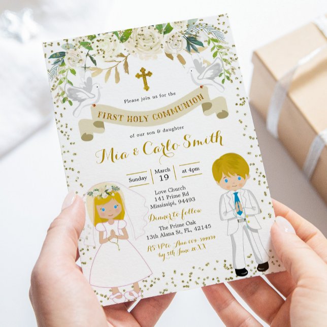 Blonde Twin Boy and Girl First Heliga Communion Inbjudningar (Skapare uppladdad)
