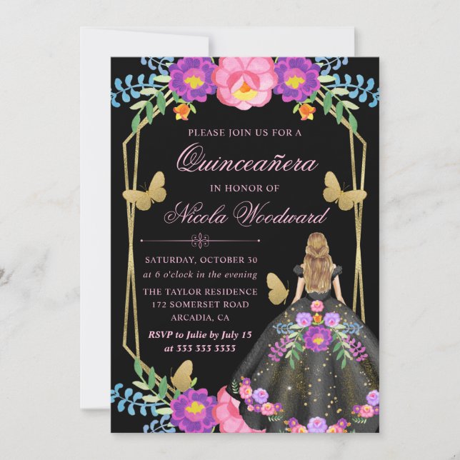 Blonde Woman Mexican Blommigt Dress Quinceañera Inbjudningar (Framsida)