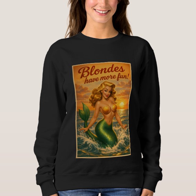 Blondes Have More Fun | Retro Pin-Up Mermaid Art T Shirt (Framsida)