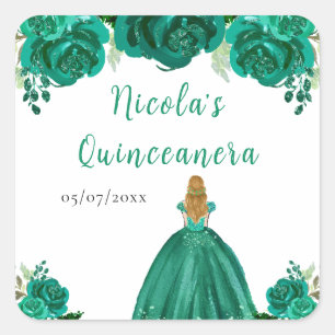 Blondhårig prinsessa Grön blomster Quinceanera Fyrkantigt Klistermärke