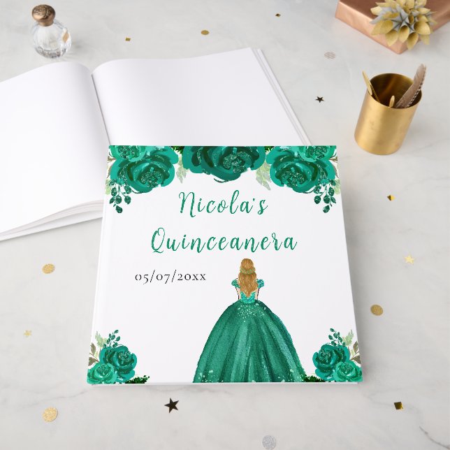 Blondhårig prinsessa Grön Quinceanera Gästbok (Framsidan öppen)
