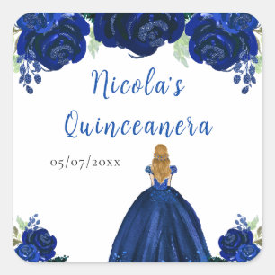 Blondhårig prinsessa Navy Blommig Quinceanera Fyrkantigt Klistermärke