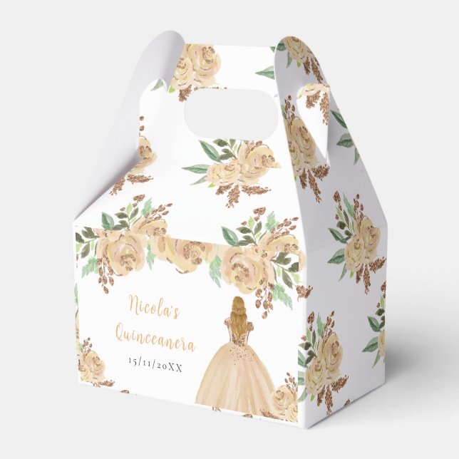 Blondhårig Prinsessa Peach Blommig Quinceanera Presentaskar (Framsidan Sidan)