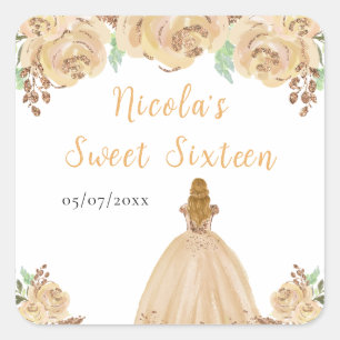 Blondhårig prinsessa Peach Blommig Sweet Sixteen Fyrkantigt Klistermärke