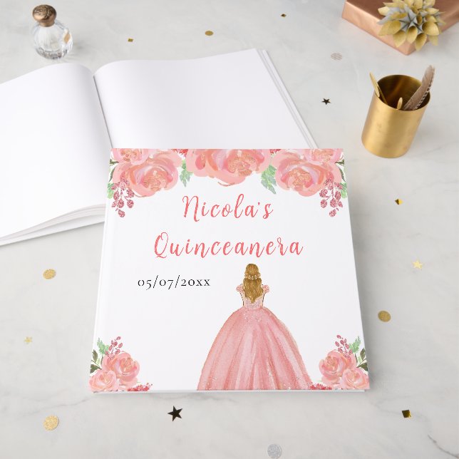 Blondhårig prinsessa rosa Quinceanera gästbok (Framsidan öppen)