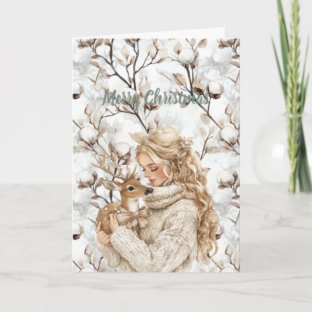 Blondhårig tjej med hjuljul jul kort (Framsida)