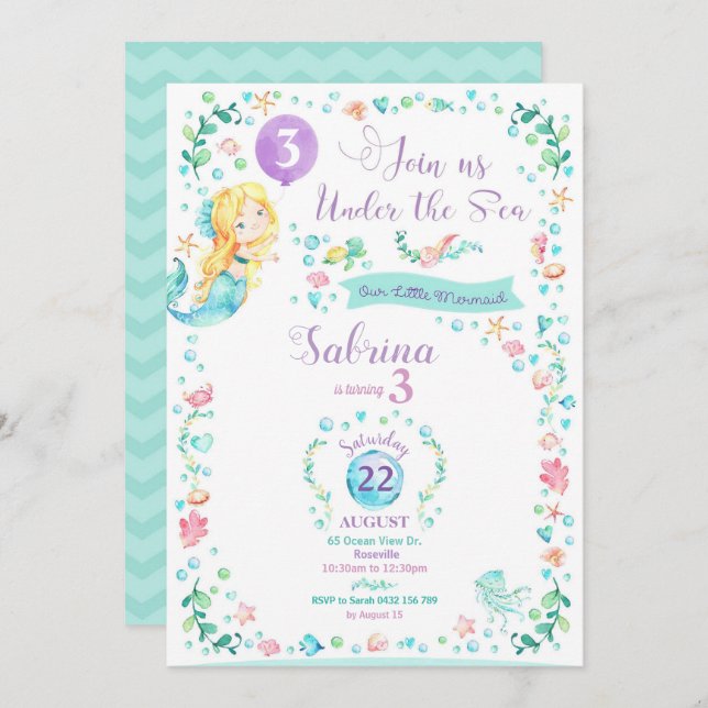 Blondin för party för sjöjungfru för inbjudningar (Fram/baksida)