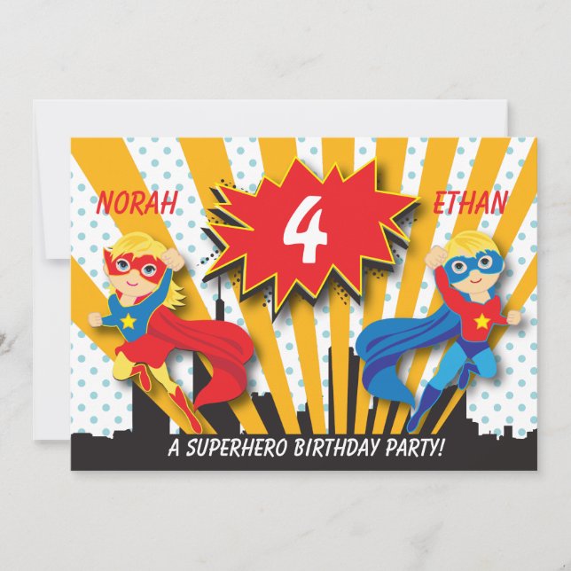 Blondin för twillingarSuperherofödelsedag | Inbjudningar (Framsida)