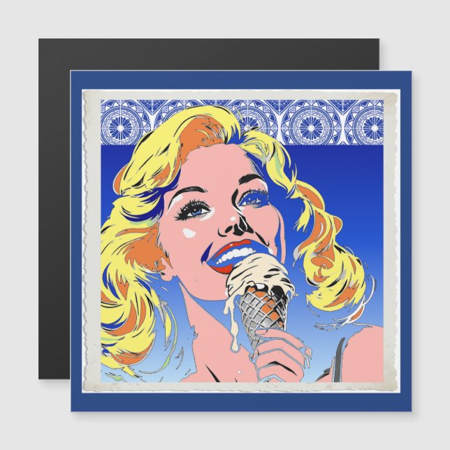 Blondin som äter glass i färgglad 60-tals Pop Art- (Fram/baksida)