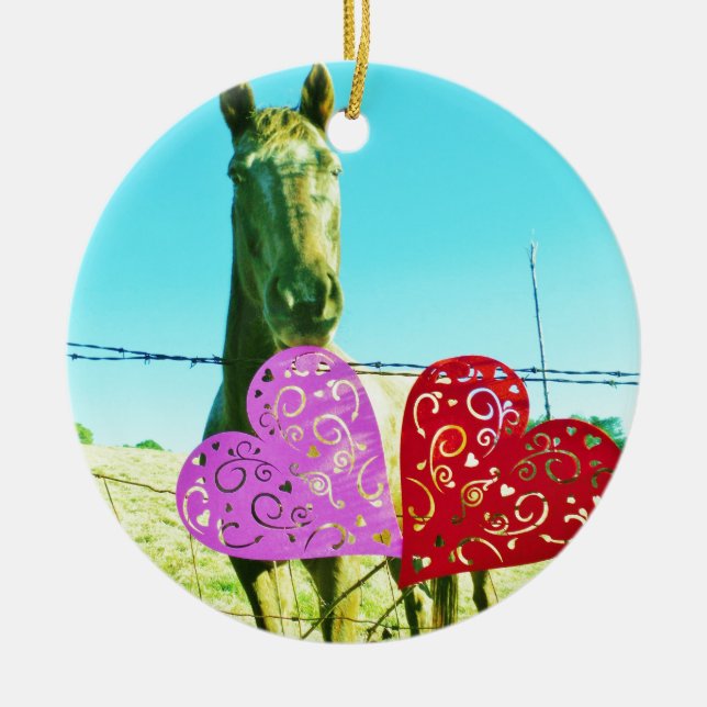 Blonhäst och Rosa- och rödhjärter Julgransprydnad Keramik (Framsidan)