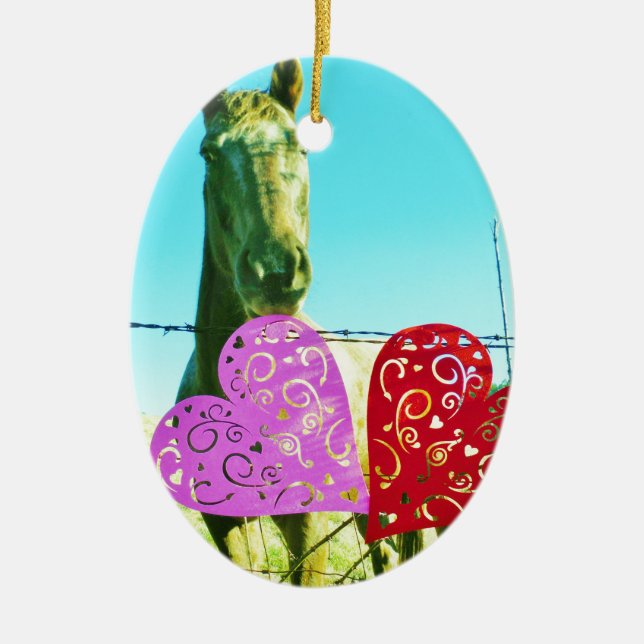 Blonhäst och Rosa- och rödhjärter Julgransprydnad Keramik (Framsidan)