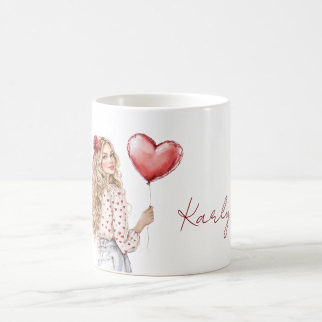 Blont Hår Flicks Röda Hjärtan Blus Kaffemugg (Center)