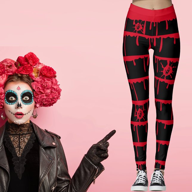 Blood Bloody Handflatan Prints Halloween Leggings (#leggings, #halloween, #drippingblood, #bloodypalmprints,)