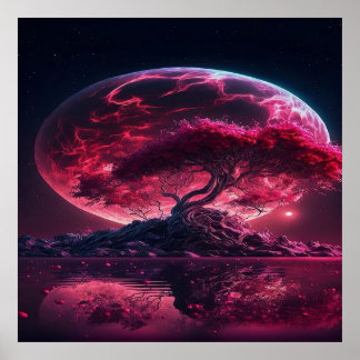 Blood Måne är stigning. Lila rosa måne fantasi Poster