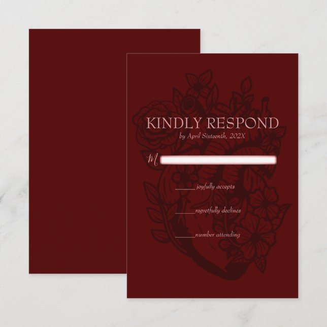 Blood Red Blooming Heart Elegant Gothic Bröllop OSA Kort (Fram/baksida)
