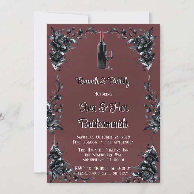 Blood Red Gothic Black Blommigt Vin Brunch & Bubly Inbjudningar (Framsida)