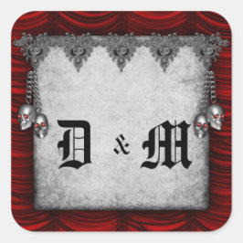 Blood Red Silke och Döskallar Gothic Bröllop Fyrkantigt Klistermärke