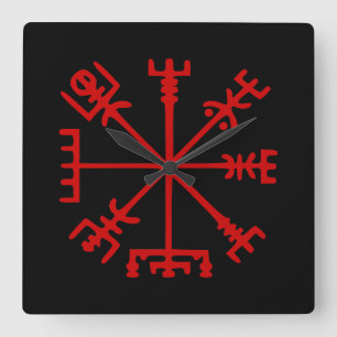 Blood Red Vegvísir (Viking Compass) Fyrkantig Klocka