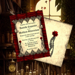 Blood Roses Red Silk and Gold Skulls Wedding Inbjudningar