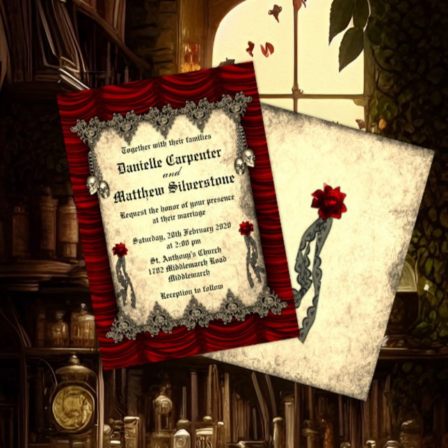 Blood Roses Red Silk and Gold Skulls Wedding Inbjudningar (Skapare uppladdad)