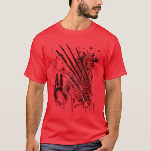 Blood Splatter Bloody Halloween Zombie Red Hand vi T Shirt (Framsida)