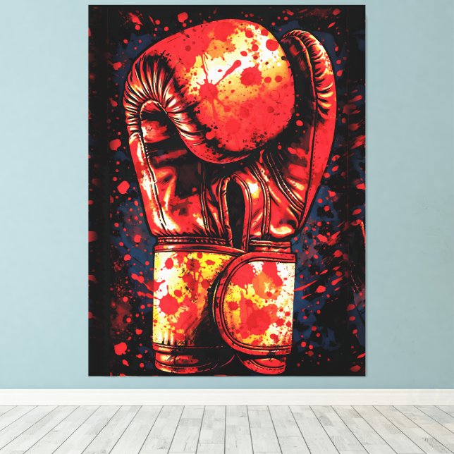 Blood-Splattered Red Boxing Gloves Dramatic Art Canvastryck (Insitu (trägolv))