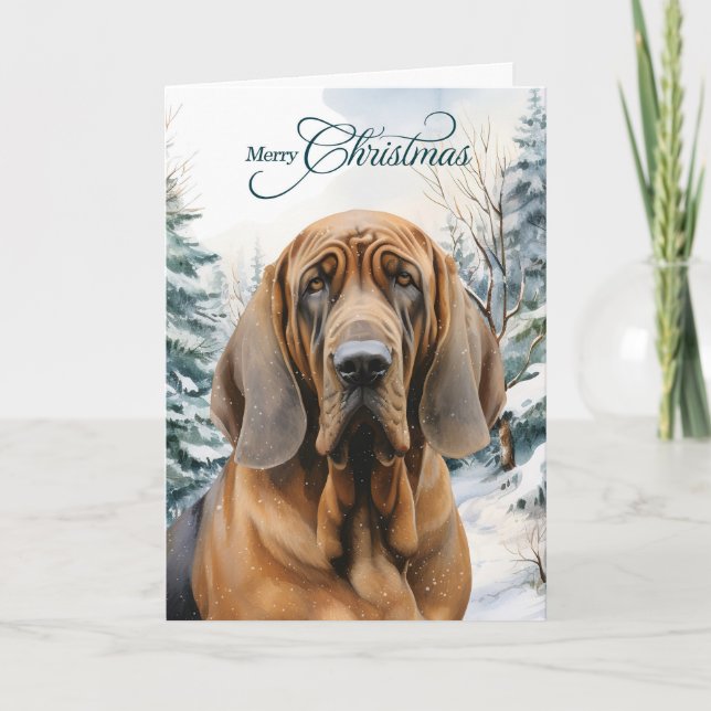 Bloodhound Dog Winter Woodland Forest Christmas Helgkort (Framsida)