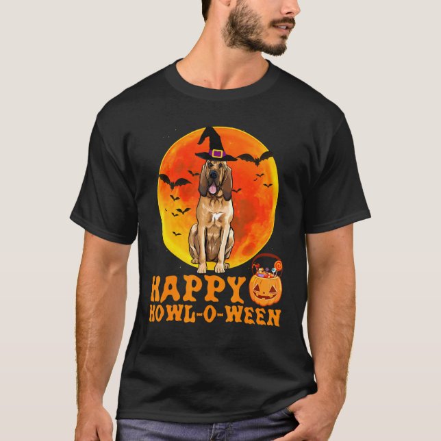 Bloodhound Hund Halloween Lycklig Howl-O-Ween T Shirt (Framsida)