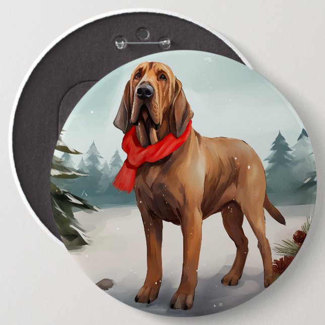 Bloodhound Hund i Snö jul Knapp (Framsida & baksida)
